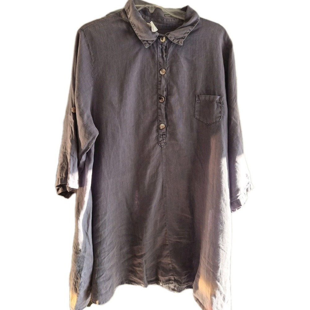 Match Point USA Women's Tunic Top M/L Gray 100% Linen Roll Tab Sleeve Lagenlook